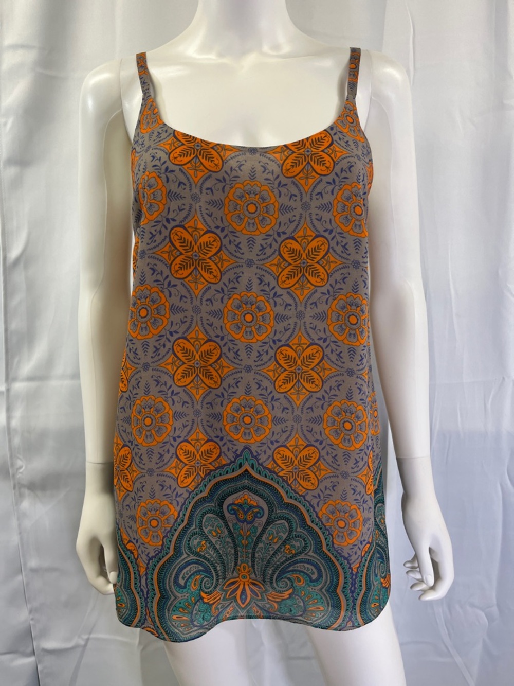 CAbi multi-color paisley print blouse — turquoise, orange, beige